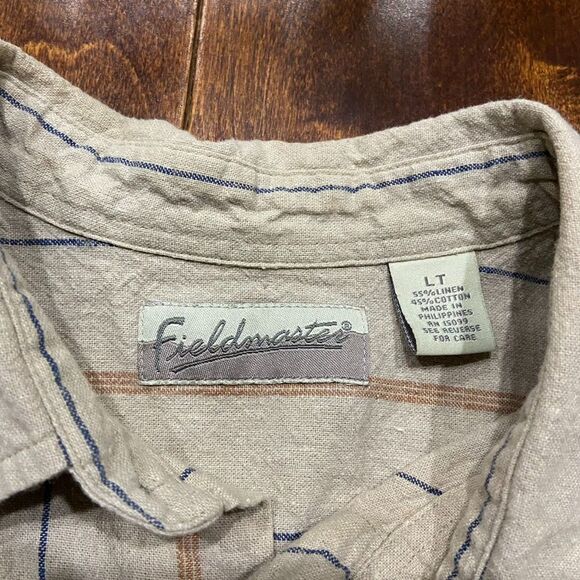 Fieldmaster Vintage Outdoors Linen Blend Button Front Shirt Tan Blue Men's LT - Picture 6 of 8